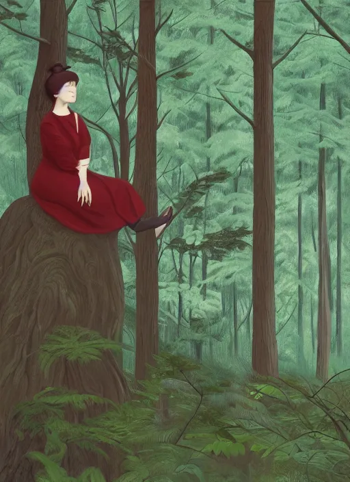 Image similar to a painting of a woman sitting in a tall forest, painting by will barnet, artstation contest winner, matte painting, 2 d game art