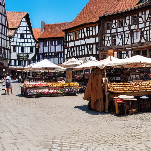 Image similar to A photograph taken in 1200AD of the market Square of a medieval town, Germany 1200AD. midday, clear sky. The market is filled with merchants selling goods and surrounded by Half-timbered houses. cobblestone, brick, market, tents, merchants. 75mm