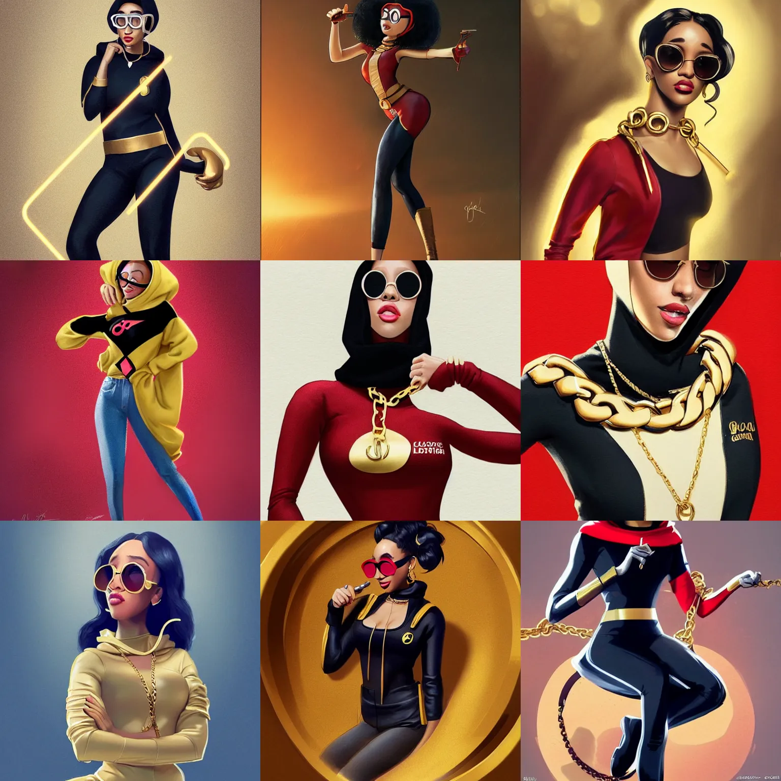 Prompt: Elastigirl full body wearing designer hoodie as doja cat as cardi b wearing gold chain and sunglasses and gold hoop earrings by greg rutkowski by artgem trending on artstation hero concept art