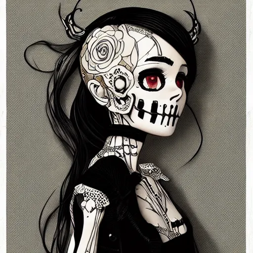 Image similar to anime manga skull portrait young woman doll, dollface, skeleton, intricate, elegant, highly detailed, digital art, ffffound, art by JC Leyendecker and sachin teng