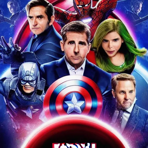 Prompt: marvel movie poster but everyone is steve carrell