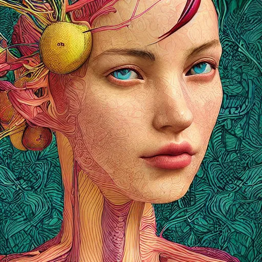 Prompt: the portrait of an incredibly beautiful woman partially made of onions and cherries, an ultrafine detailed illustration by james jean, final fantasy, intricate linework, bright colors, behance contest winner, vanitas, angular, altermodern, unreal engine 5 highly rendered, global illumination, radiant light, detailed and intricate environment