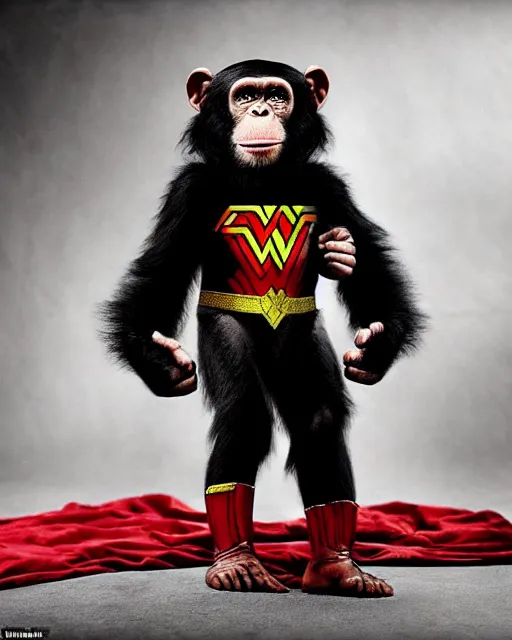 Image similar to A chimpanzee wearing a Wonder Woman outfit, photographed in the style of Annie Leibovitz, hyperreal