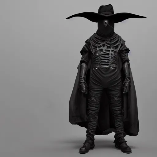 Image similar to a beautiful portrait of a futuristic plague doctor, posing, symmetrical composition, centred composition, black Filigree armour, mid view, very detailed render, very realistic render, elegant render, rendered in unreal engine and cryengine