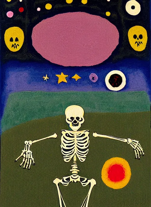 Image similar to pixel decollage painting tarot magician card composition wonky alien skeleton cook with knives in a dark green cloudy night sky with golden foil stars, occult symbols and tears, mountain lake and blossoming field in background, painted by mark rothko, helen frankenthaler, danny fox and hilma af klint, very pixelated, naive, expressionism