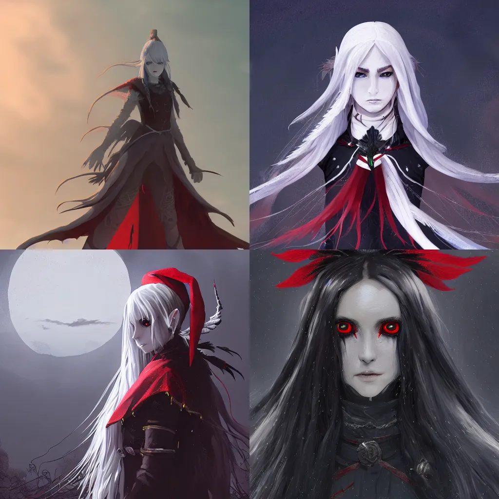 Prompt: an elf girl with white braided hair, red eyes, wearing a black cape made of crow feathers, highly detailed, digital painting, artstation, matte, bloodborne style, gothic, by makoto shinkai, animation style