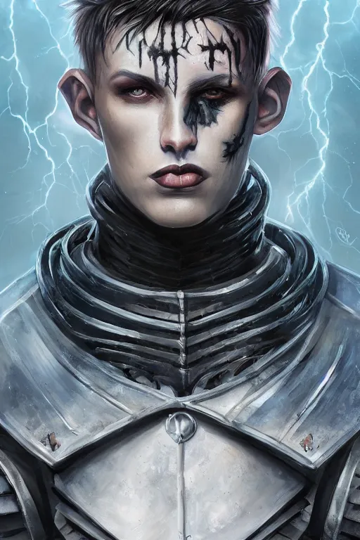 Image similar to portrait of beautiful gothic and futuristic young man, warhammer, cyber armor, a lot of more and more scars, thunderstorm, blue head, the middle ages, highly detailed, artstation, illustration, more and more composision, 8 k quality, art by greg gandy, vincent disederio