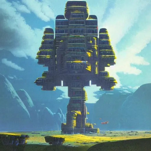 Prompt: a building in a stunning landscape by Chris Foss