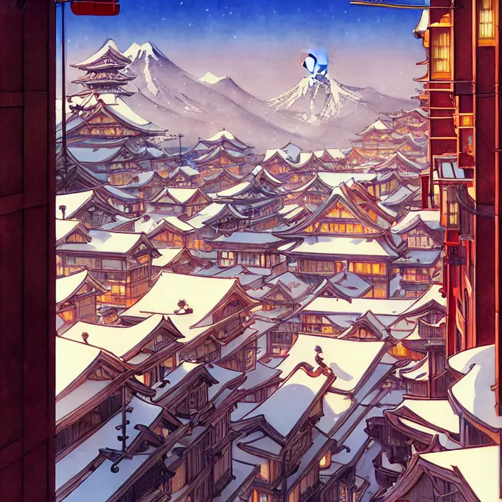 Image similar to japanese city, winter, in the style of studio ghibli, j. c. leyendecker, greg rutkowski, artem