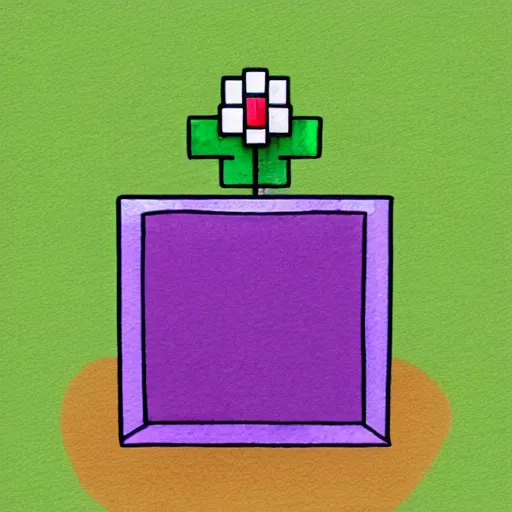 Prompt: simplistic watercolor illustration of a Minecraft grass block with a flower on top of it, digital art