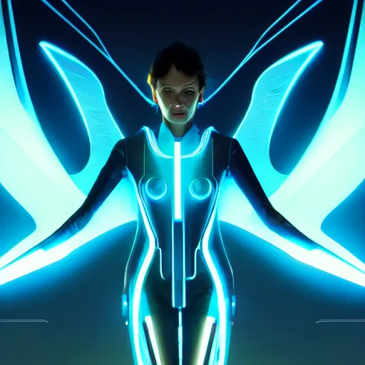 Image similar to tron legacy angel, diffuse lighting, hyper realistic, elegant, concept art, intricate, hyper detailed, smooth, sharp focus, illustration, trending on artstation, art by greg rutkowski and james gurney and alphonse mucha