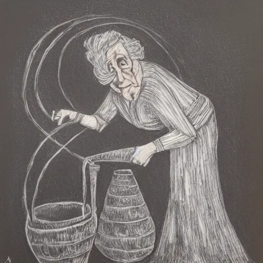 Image similar to An old wrinkled witch stirring her cauldron. Art made with red chalk on paper mounted on board.