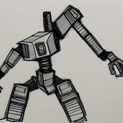 Prompt: pencil sketch of a awkard robot with joints that creak and a triangular head with 2 antenna