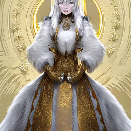 Image similar to commissioned full body furry portrait of a female anthro wolf-headed princess fursona with white hair wearing a white and gold chinese armored dress in a white and gold palace, by Wlop and jerry park, artstation, extremely detailed