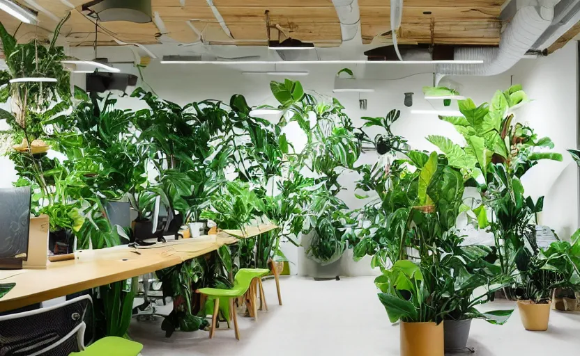 Image similar to jungle themed office space interior, multiple desks, minimalism, green, wood, japanese design, natural materials, beige, cupboards, large windows to a lush green courtyard with trees, retro futurism, swedish design, feng shui