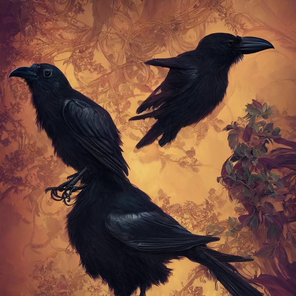 Image similar to beautiful black raven bird with ornate headgear, cute, intricate, highly detailed, digital painting, trending on artstation, concept art, smooth, sharp focus, backlit, rim light, vivid colors, illustration, unreal engine 5, 8 k, art by rossdraws and alphonse mucha