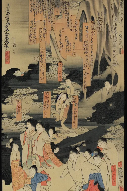 Prompt: the painting'hatsuhana doing penance under the tonosawa waterfall'by utagawa kuniyoshi turned into a 3 d model