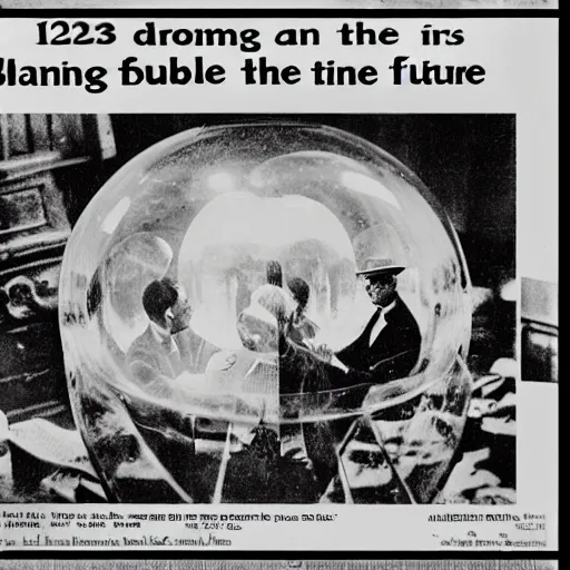 Prompt: 1 9 2 9 bankers, dreaming in a bubble about the future