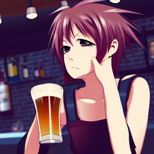 Prompt: Masculine looking anime girl at a bar drinking a beer, warm glow from the lights, angle that looks up at her from below, deviantart, pixiv, detailed face, smug appearance, beautiful anime, obviously drunk with reddish cheeks