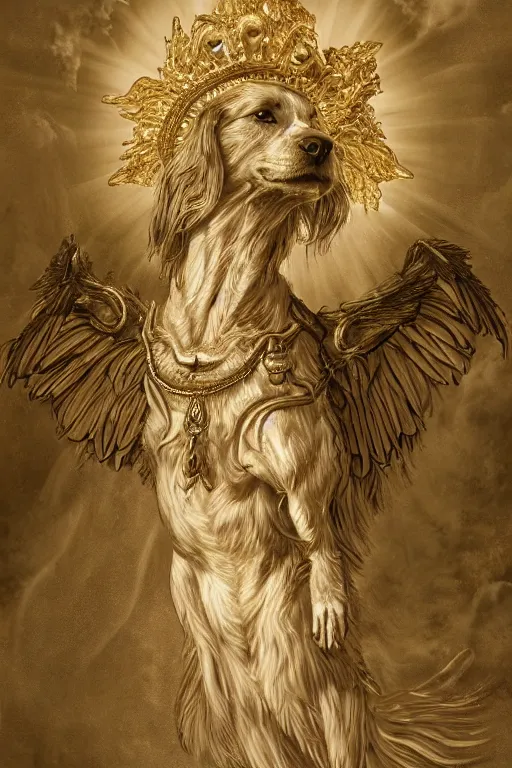 Prompt: a dog as god with a radiant halo, wings, detailed face, gorgeous, flowing hair, very muscular male body, partial anatomy, stormy and grand war scene, delicate and intricate borders for decoration, caesar victorious, proud Emperor, crepuscular ray, intricate, highly detailed, 8K, digital painting, fantasy, concept art, sharp focus, over-shoulder shot, illustration, art by greg rutkowski beeple and alphonse mucha