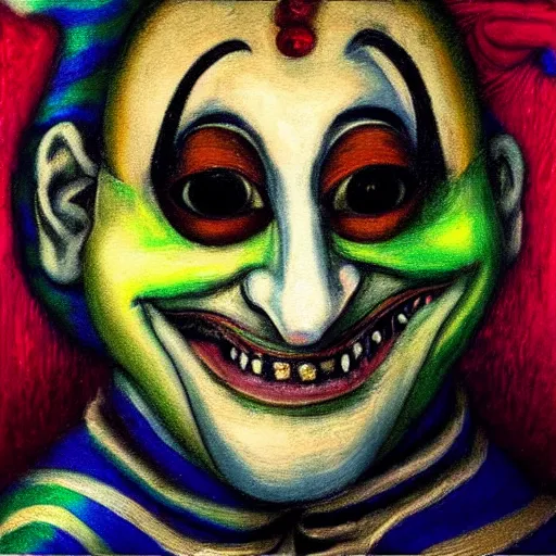 Image similar to “portrait painting of a jester with spiral eyes. He smiles like a Cheshire Cat. Above his head is an Infinity symbol. Pastel blurry background.”