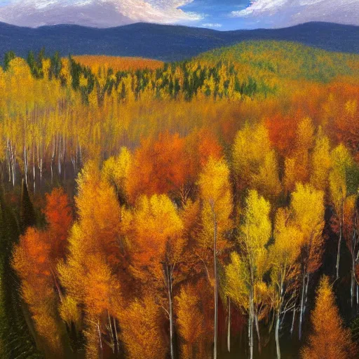 Prompt: aerial view of an autumn aspen woods on a semi cloudy day, warm lighting, painting by Thomas Cole, award winning art, 4k, 8k