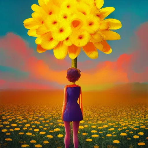 Image similar to giant daisy flower head, frontal, girl in a yellow suit, surreal photography, sunrise, dramatic light, impressionist painting, digital painting, artstation, simon stalenhag