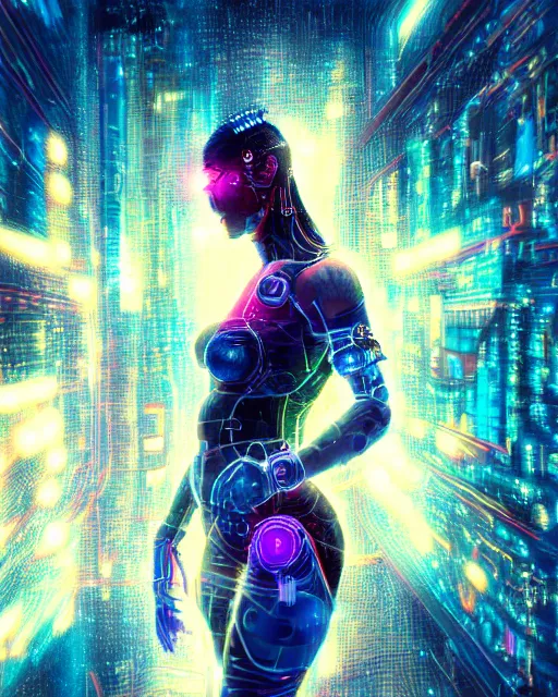 Image similar to a cyberpunk close up portrait of cyborg athena, electricity, sparks, bokeh, soft focus, sparkling, glisten, water drops, cold, dark, geometric, temples behind her, by paul lehr, jesper ejsing