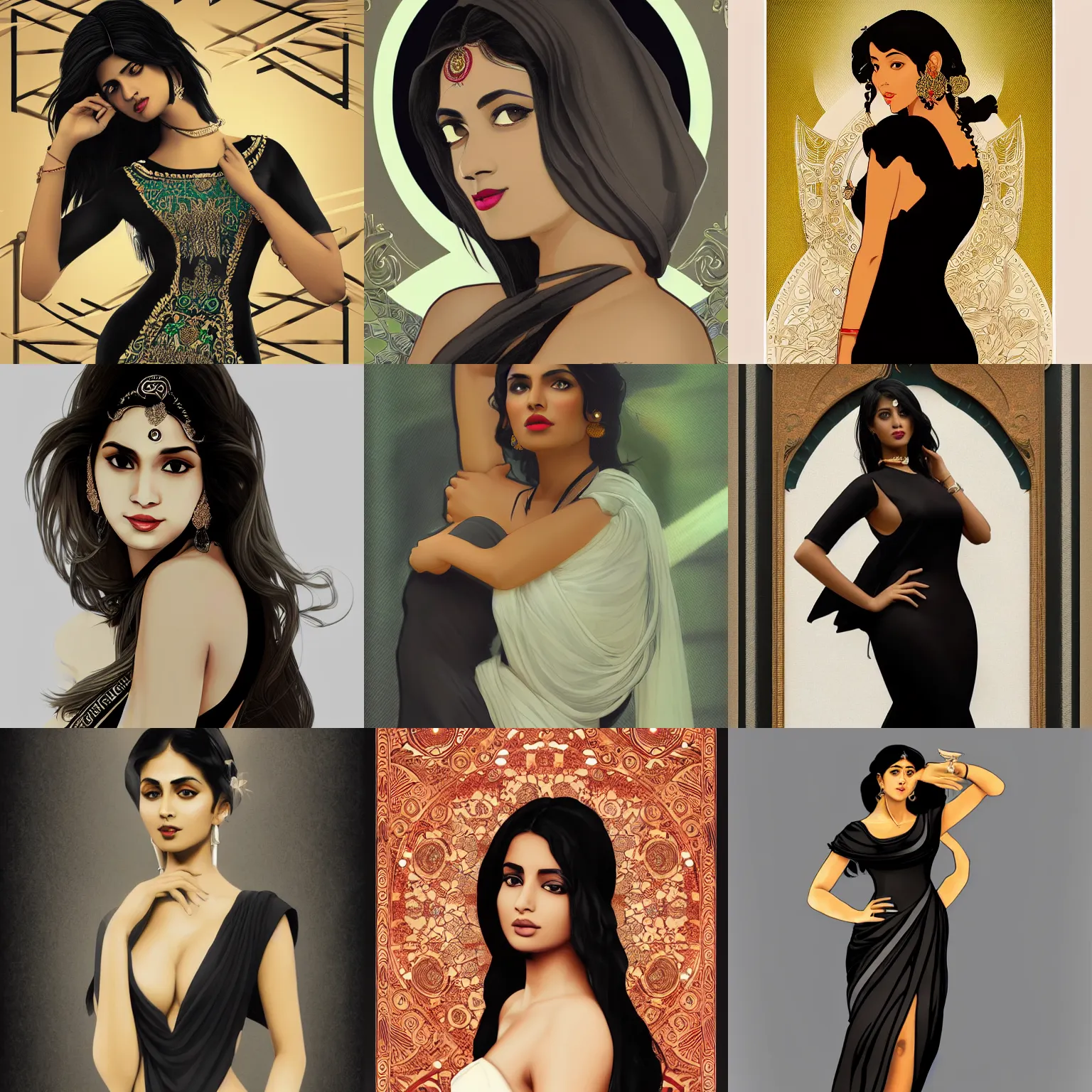 Prompt: sexy south asian woman in a black cutout dress with white trim, as seen on artgerm, octane render, in the style of alphonse mucha, ultra realistic, highly detailed, 8 k