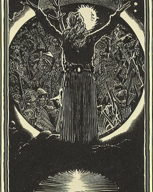 Image similar to a druid standing in a circle at the beginning of the world by virgil finlay