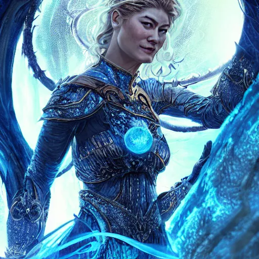 Prompt: rosamund pike as blue sorceress, staff with glass orb, fantasy art, epic, fantasy, intricate, hyper detailed, concept art, smooth, sharp focus, ray tracing, vibrant, photorealistic, simon bisley