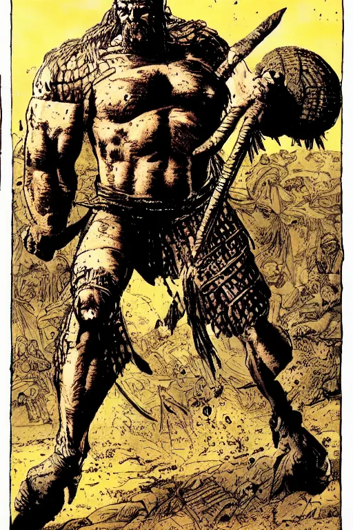 Image similar to ancient historically accurate depiction of the Bible Character Goliath of Gath, the Philistine warrior giant by frank miller