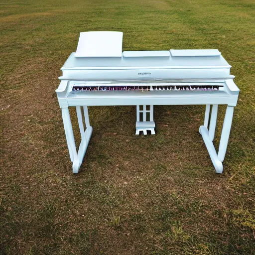 Prompt: a photo of a transparent perspex piano in a field, beams of light, nostalgic