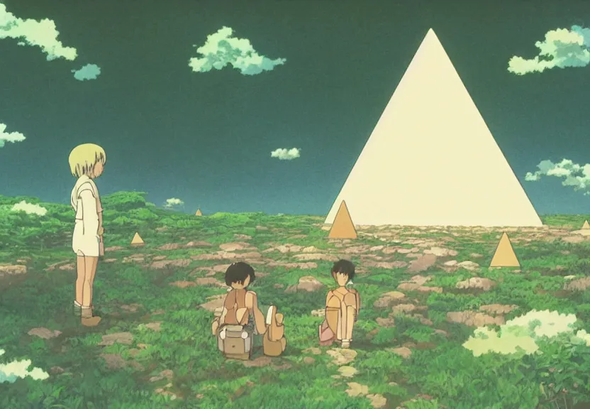 Image similar to a movie still from a studio ghibli film showing several large white pyramids and a golden ufo in the amazon jungle. by studio ghibli