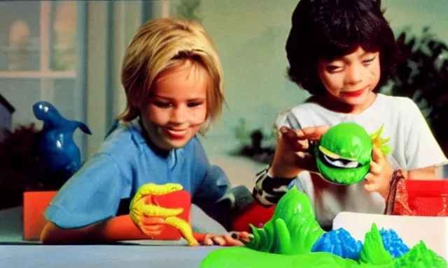 Image similar to kid playing with slime monster, realistic, detailed faces, toy commercial photo, highly detailed, photo from the 80s