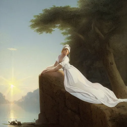 Prompt: a painting of a woman in a white dress pondering life as she watches the sun set, nature, a painting by claude joseph vernet, deviantart, fantasy art, sunrays shine upon it, deviantart, mystical