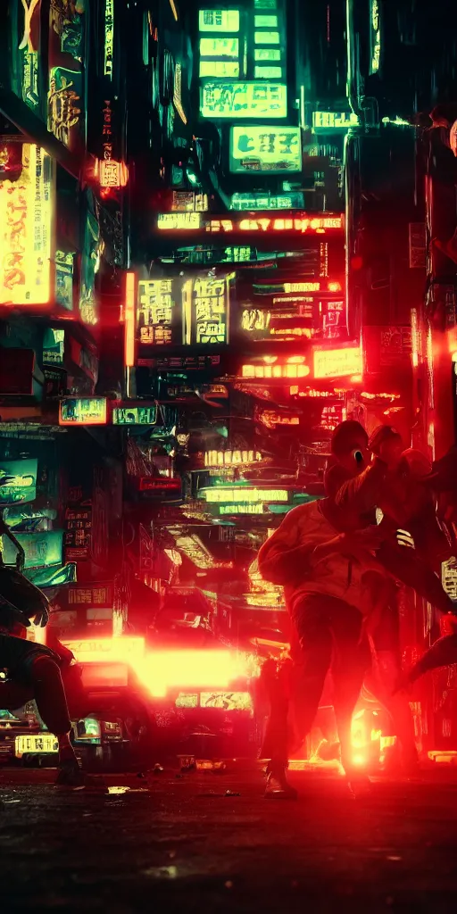 Image similar to epic highly detailed photo of gangs fight in cyberpunk night adult club, 3 5 mm, guns blasting, low angle, blade runner, akira, cinematic angle, cinematic lighting, reflections, action, battle