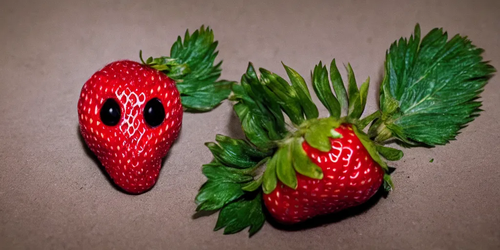 Image similar to photo of a strawberry with a terrifying and threatening face, horror surreal art