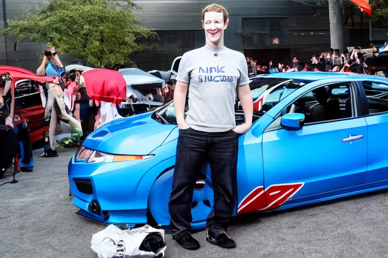 Image similar to mark Zuckerberg and his anime wrapped honda civic at a car show