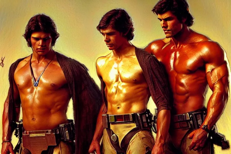 Prompt: 2 muscular attractive men, star wars, painting by gaston bussiere, craig mullins, greg rutkowski, alphonse mucha