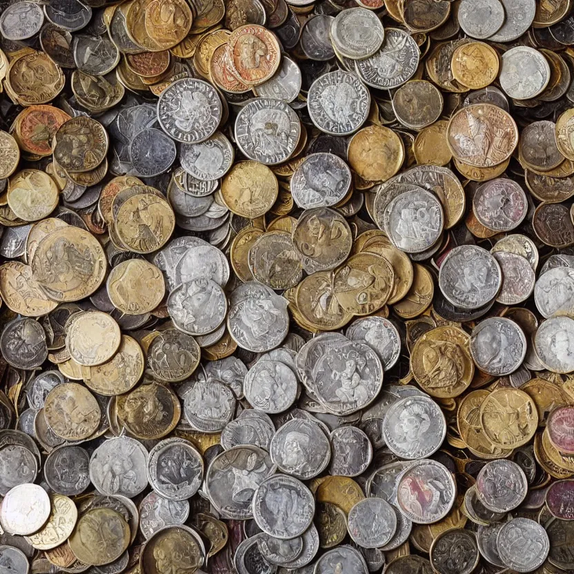 Prompt: a small box filled with rare and valuable coins, various sizes, indoors, photograph