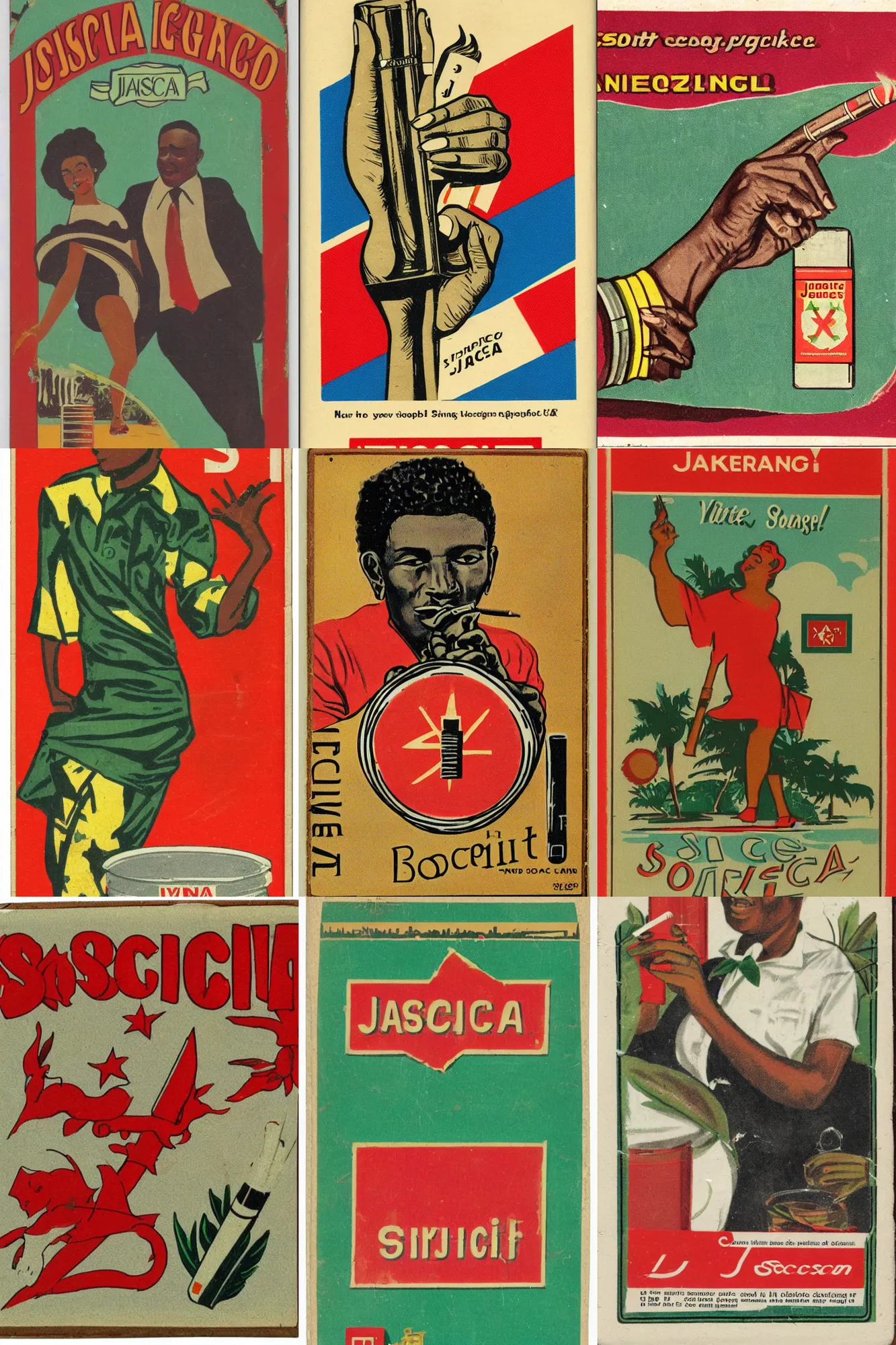 Prompt: design for a vintage cigarette pack from a socialist jamaica