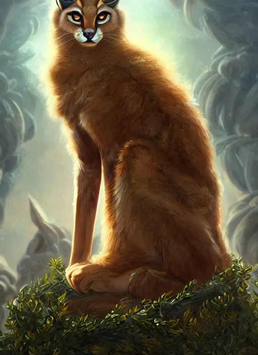 Image similar to cute fluffy caracal as apollo ancient greek god, golden wreath at background, details, fantasy, epic, ancient greek city, intricate, decadent, highly detailed, octane render, digital painting, artstation, concept art, sharp focus, illustration, art by artgerm, loish, wlop