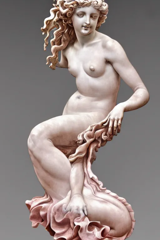 Prompt: intricate and detailed Mermaid statue made on polished pinkish marble by Bernini and Antonio Corradini