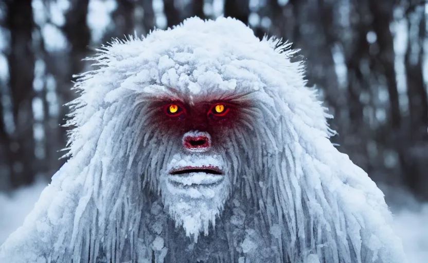 Prompt: hyperrealistic photograph of a yeti with glowing red eyes full body in snow covered woods