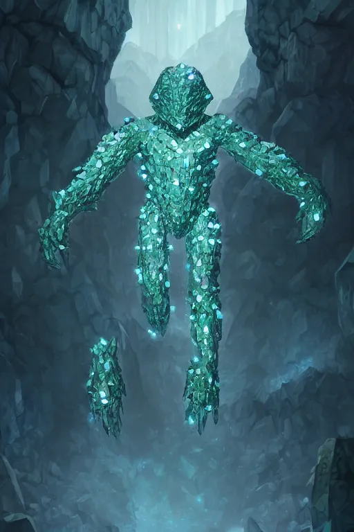 Prompt: a majestic fantasy golem made of crystals, rubies and diamonds. d & d. shining surfaces. monstrous creature. in front of an iridescent cave background. white to cyan gradient. high details. 4 k. digital art. trending on artstation.