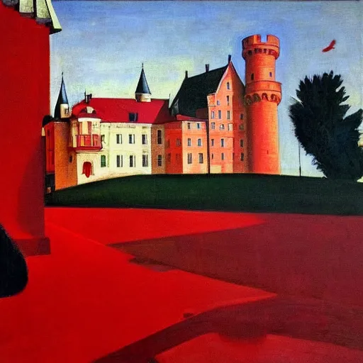 Image similar to only with red, in a red dream world, a crimson tiger, a big deal, a red fox, a castle in the background, in the style of beskinsky, part by hopper, part by rodcenko, part by hofbauer, intricate composition and red by caravaggio, insanely quality, masterpiece, oil on canvas, award winning, dramatic,