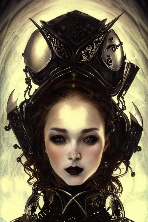 Prompt: beautiful luxury and gothic and victorian and evil young female medieval black armor knight portrait+smoky eyes+front face with light flowing hair, ultradetail face, art and illustration by tian zi and craig mullins and WLOP and alphonse mucha, ssci-fi, fantasy, intricate complexity, human structure, hypermaximalist, fantasy character concept, dynamic lighting, neon light, watermark, blurry, hyperrealism 8k