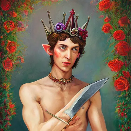 Prompt: portrait of a male fantasy elf holding a sharp wicked dagger stiletto knife. he wears a crown of flowers. baroque portrait, 8k ultra HD, by esao andrews