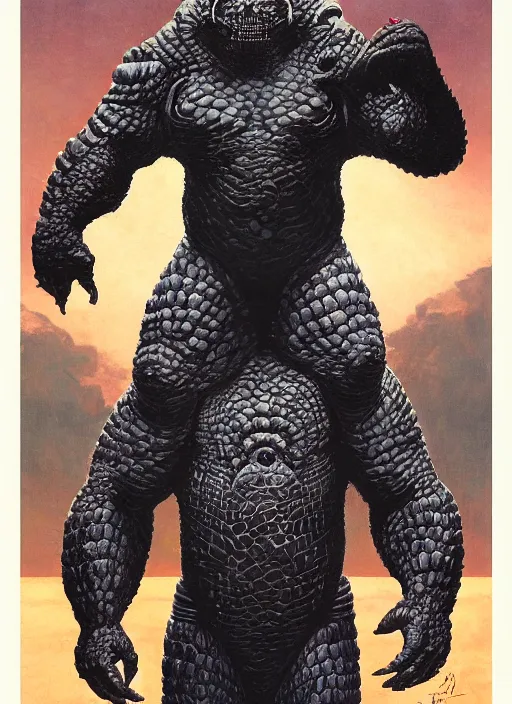 Image similar to brock lesnar as reptilian beast wearing scifi armour suit, dynamic action, by lawrence alma - tadema and zdzislaw beksinski and norman rockwell and jack kirby and tom lovell and greg staples, artstation creature art